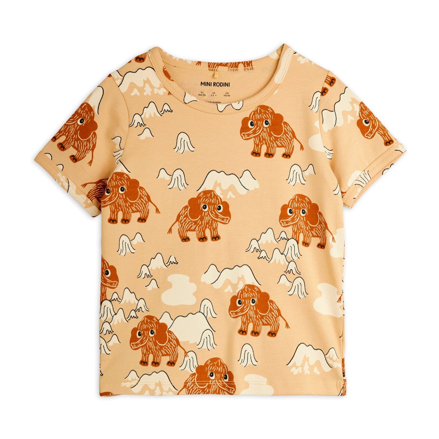Children's t-shirt with mammoth and mountain pattern on a beige background
