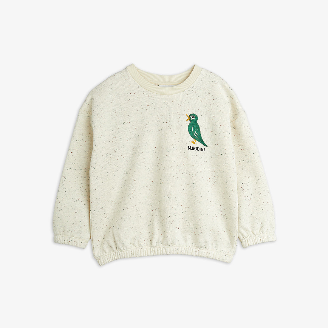 White sweater with a green bird design on a white background