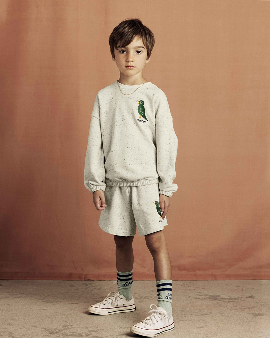Child wearing a light gray sweatshirt and shorts set with a brown background