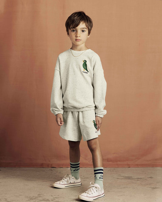 Child wearing a light gray sweatshirt and shorts set with a brown background