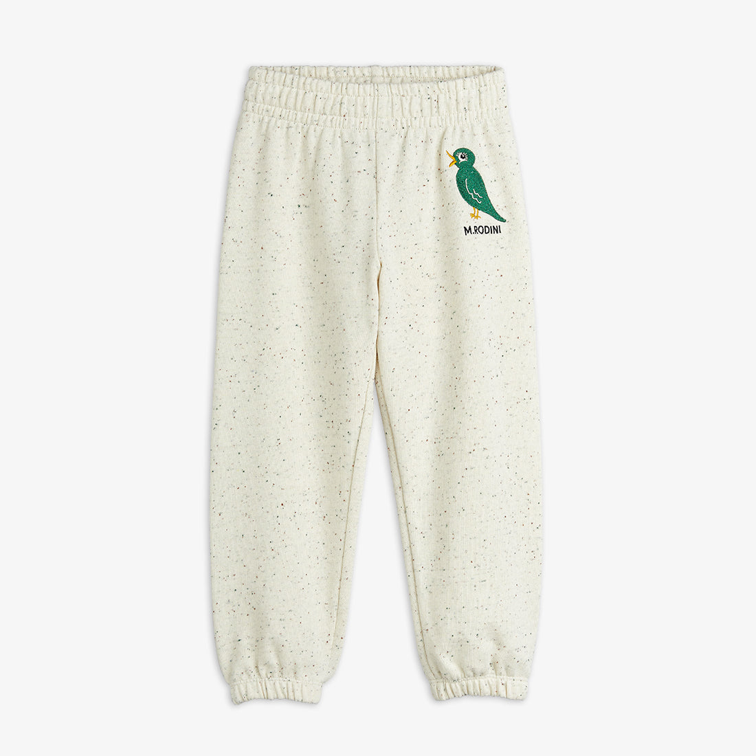 Cream-colored sweatpants with a green bird logo on a white background