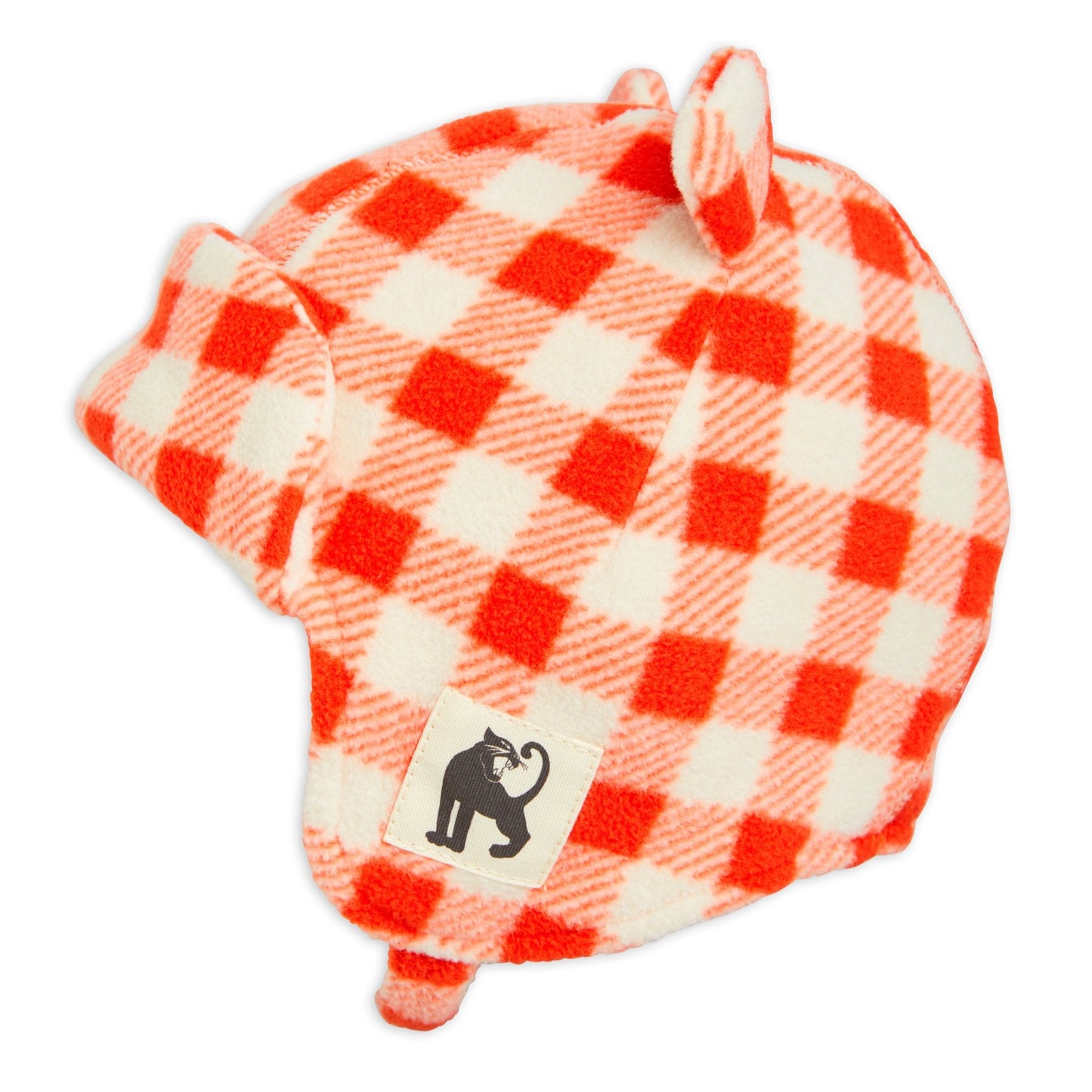 Red and white checkered hat with a brand logo on a white background