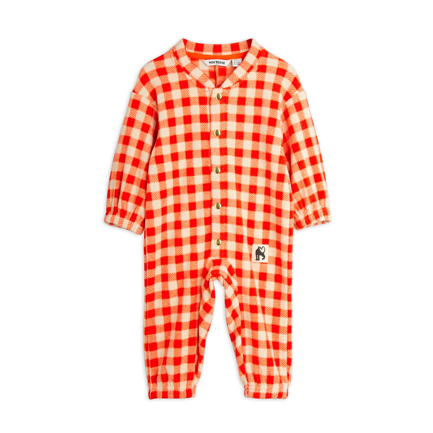 Red and white checkered baby onesie on a white background