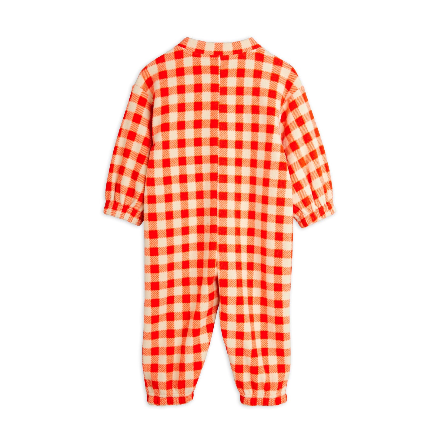 Red and white checkered onesie on a white background, viewed from the back