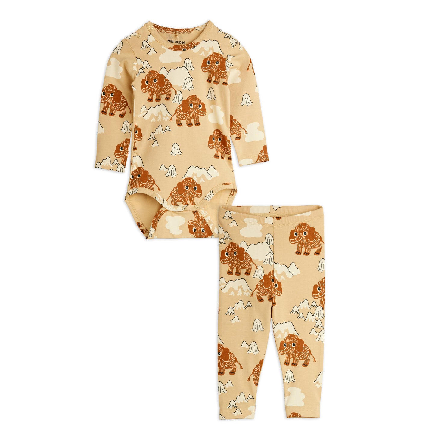Baby pajama set with a mammoth pattern on a beige background