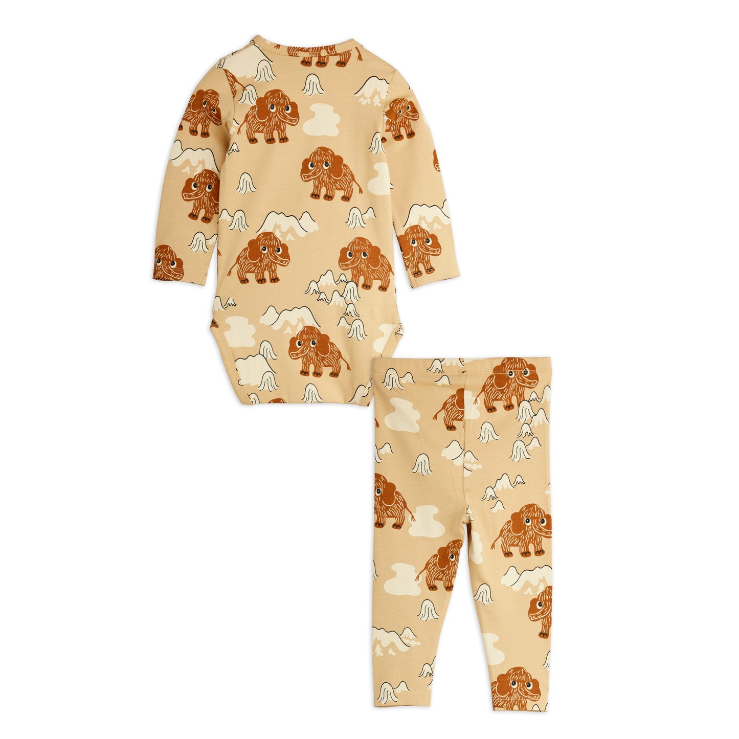 Baby pajama set with a mammoth pattern on a beige background