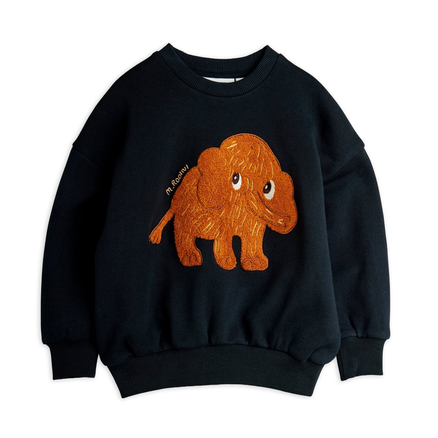 Black sweatshirt with orange cartoon mammoth design on a white background