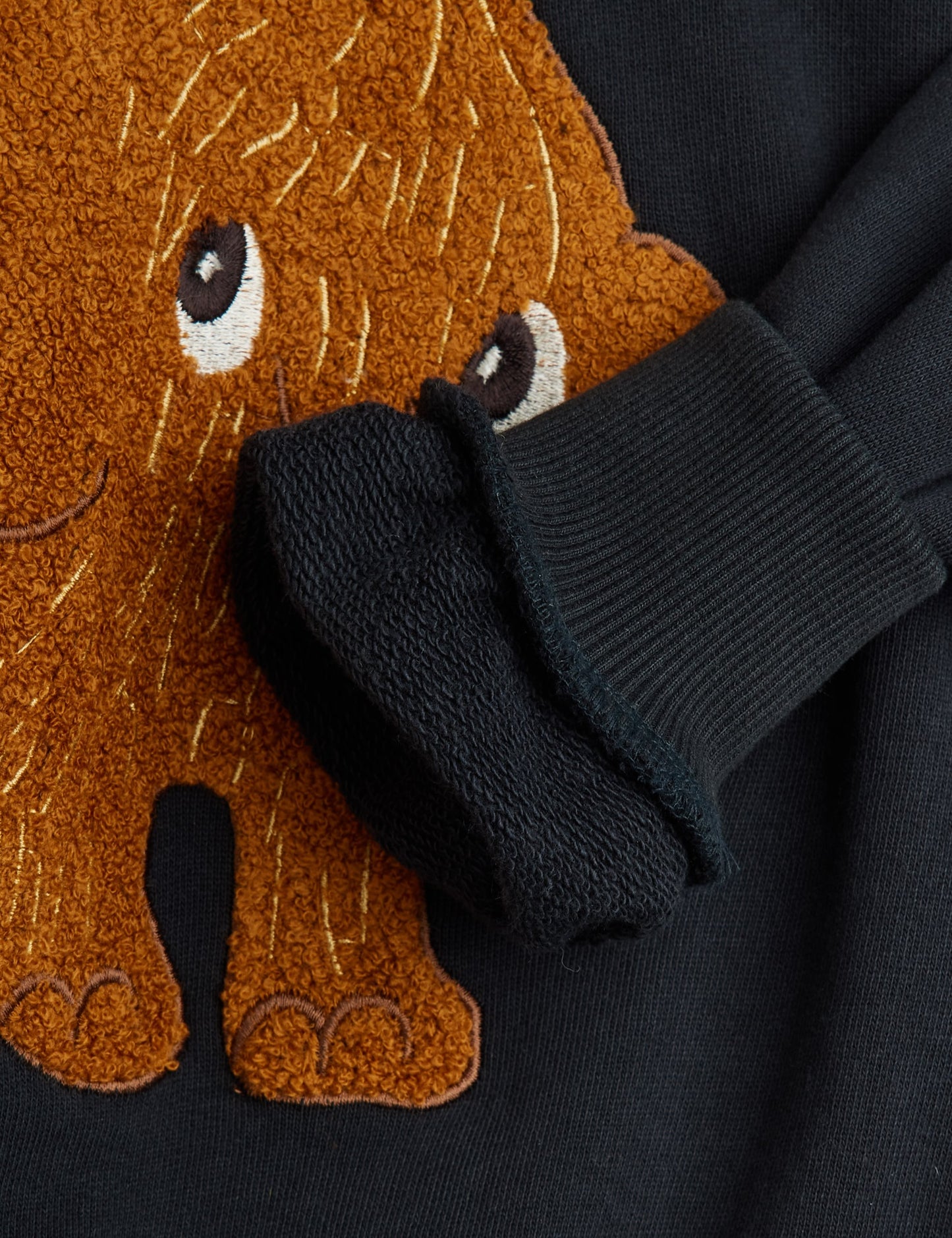 Black sweater with a brown mammoth patch on a plain background