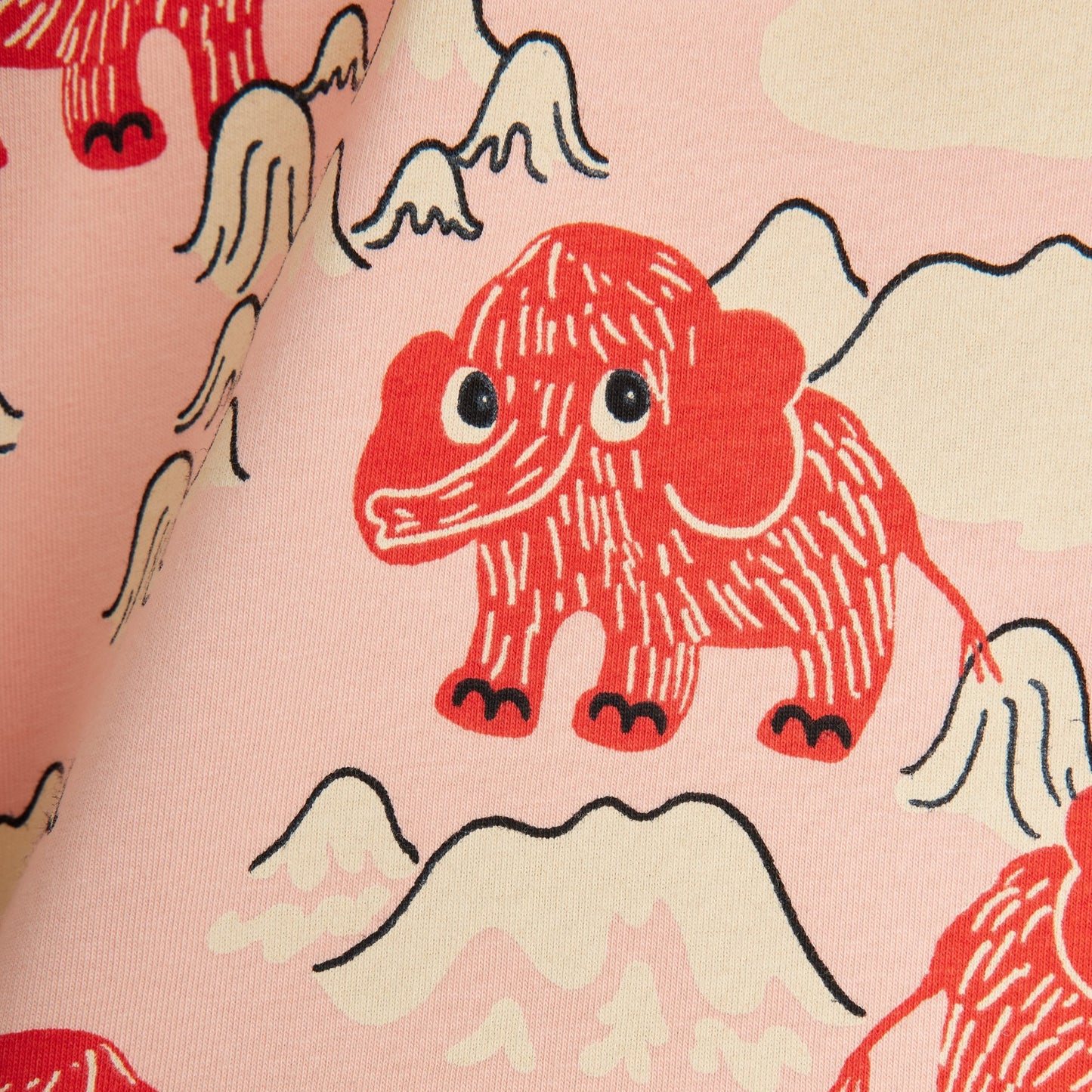 Red elephant illustrations on a pink background with mountains.