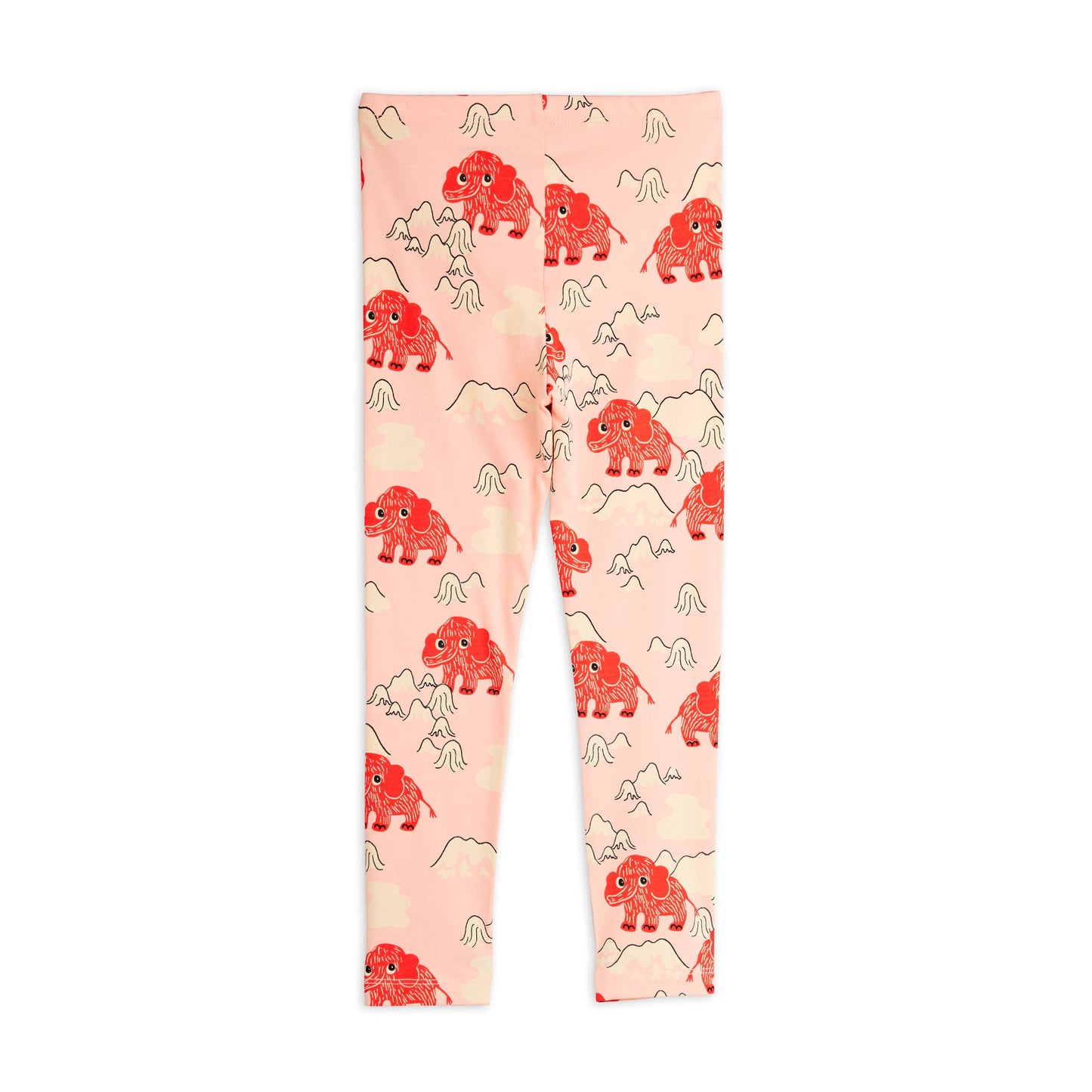 Leggings with red mammoth pattern on a light pink background, viewed from the back