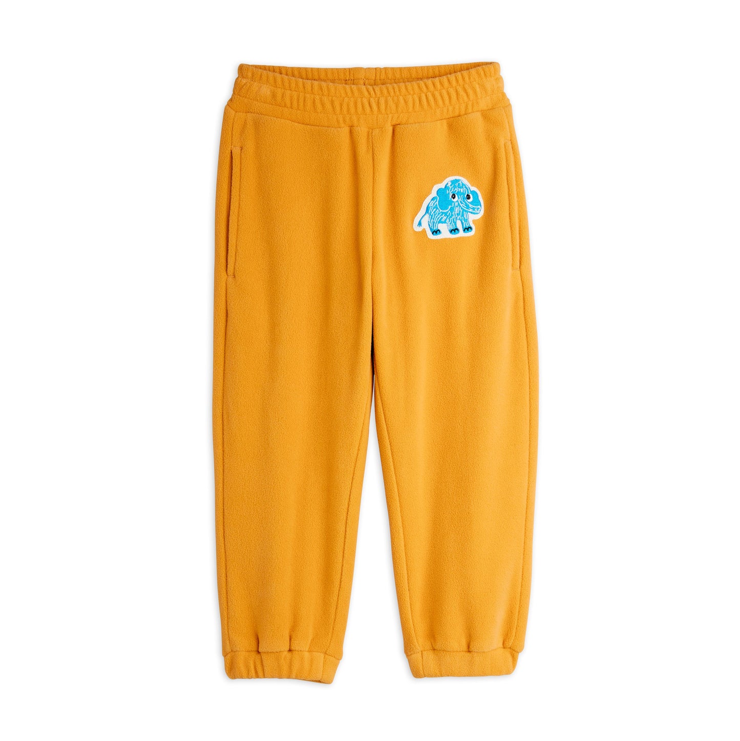 Yellow sweatpants with a blue cartoon character on a white background