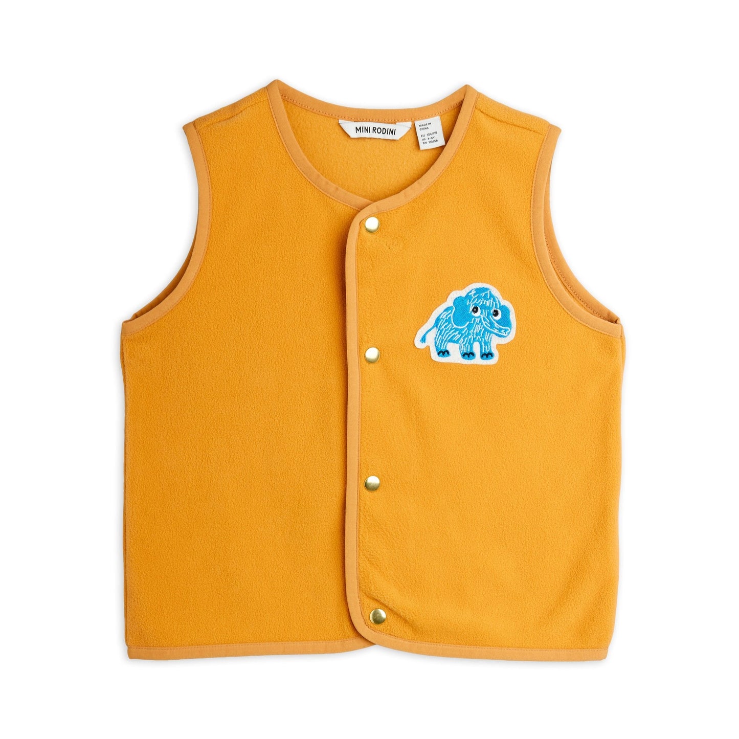 Yellow vest with a blue mammoth design on a white background