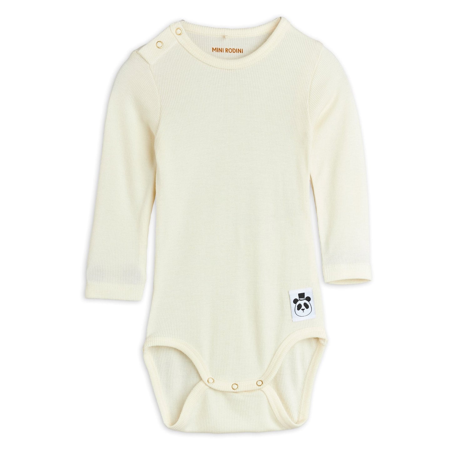 Cream-coloured baby onesie with a small logo on a white background