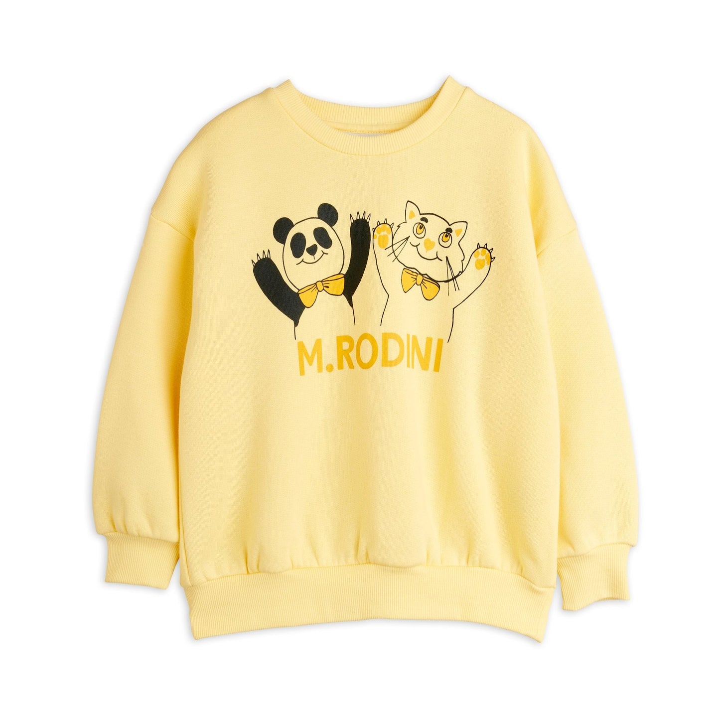 Yellow sweatshirt with cartoon pandas and 'M. Rodini' branding on a white background