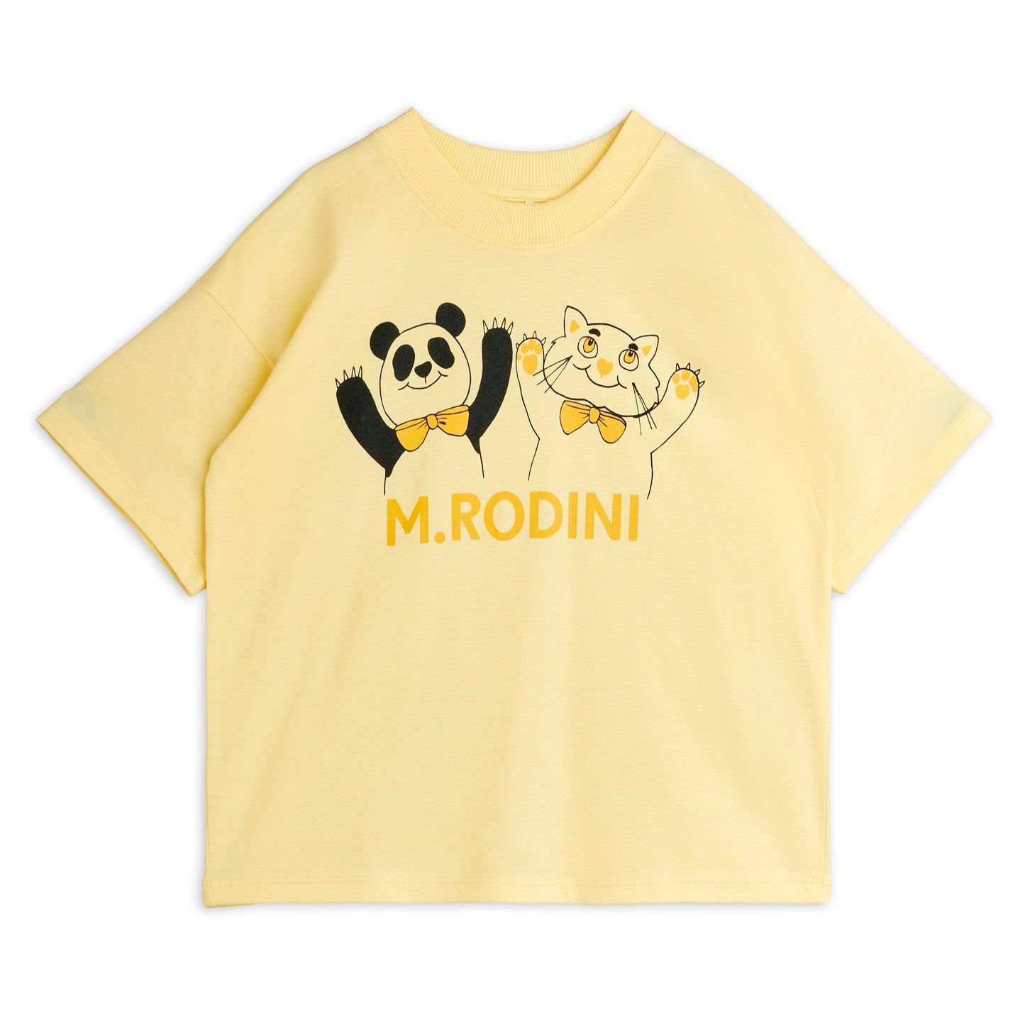 Yellow t-shirt with cartoon pandas and 'M.Rodini' logo on a white background