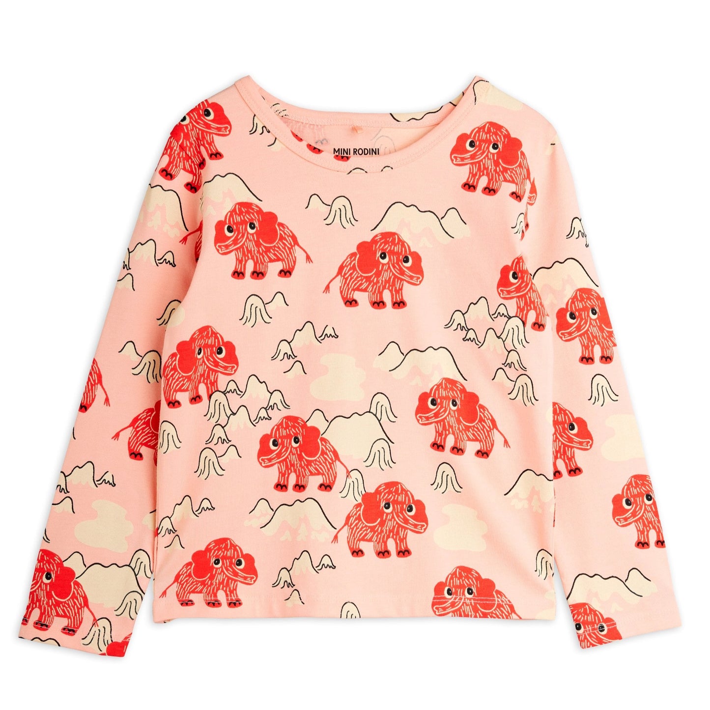 Pink sweater with red mammoth pattern on a white background