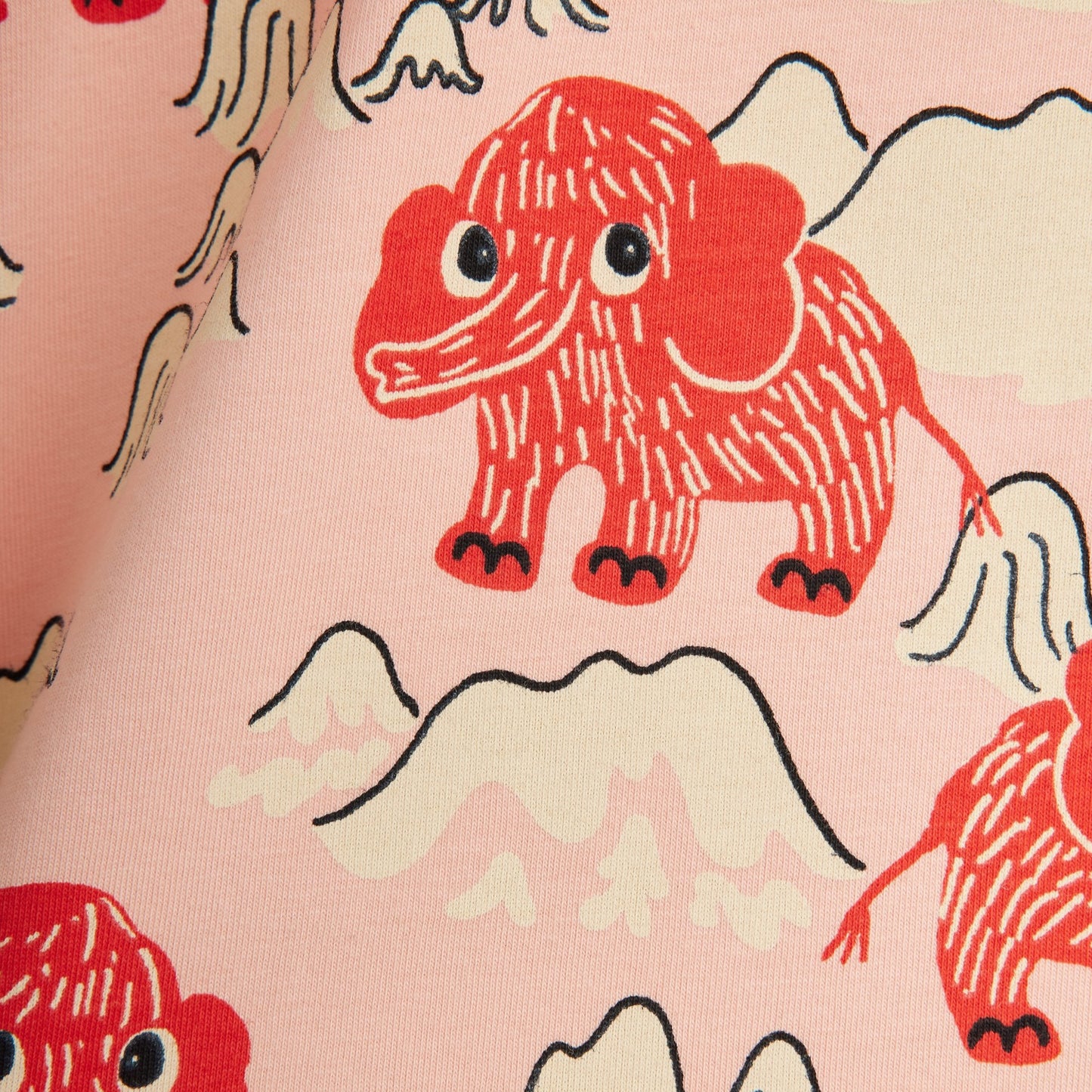 Pattern of red elephants on a pink background with black outlines.