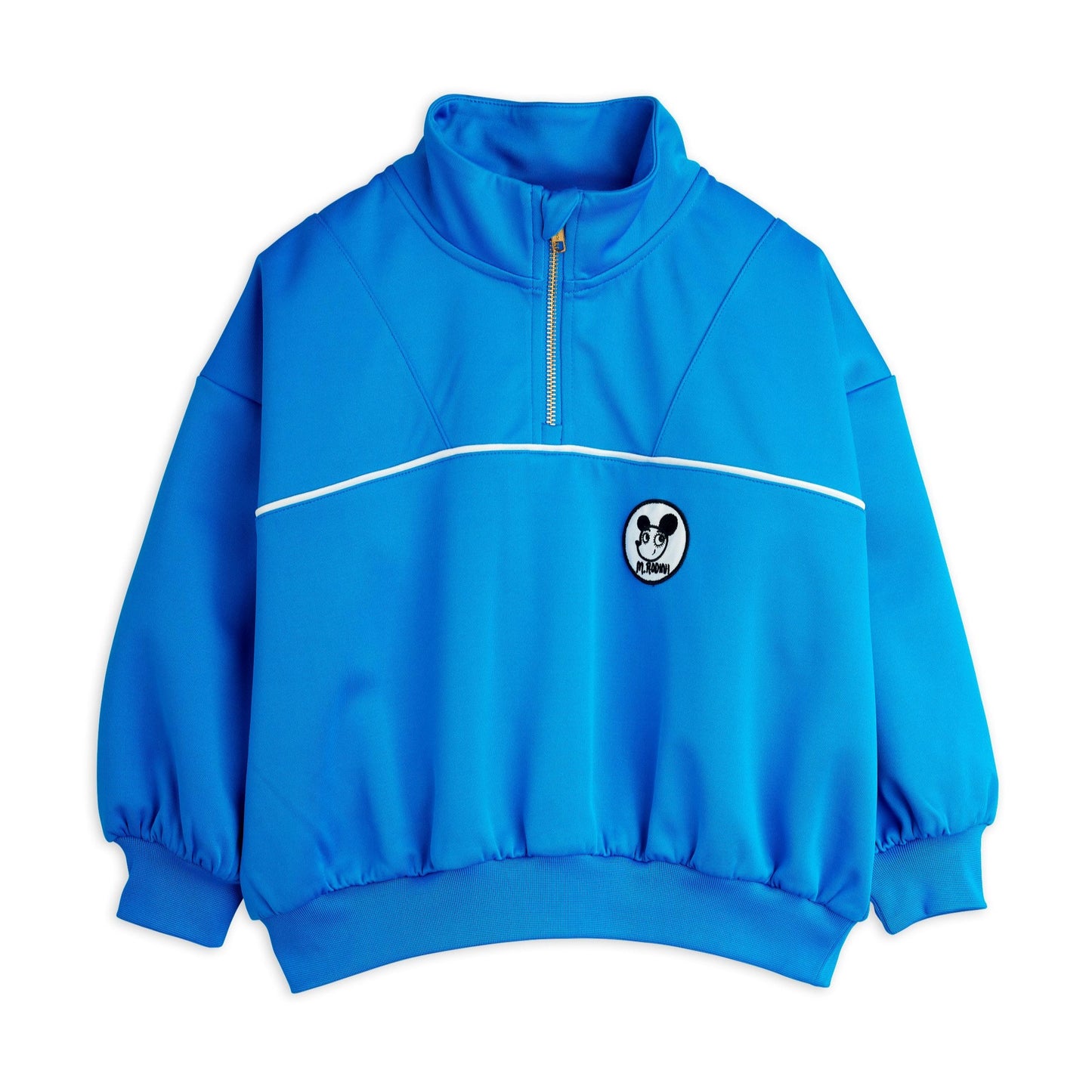 Blue pullover with a small logo on a white background