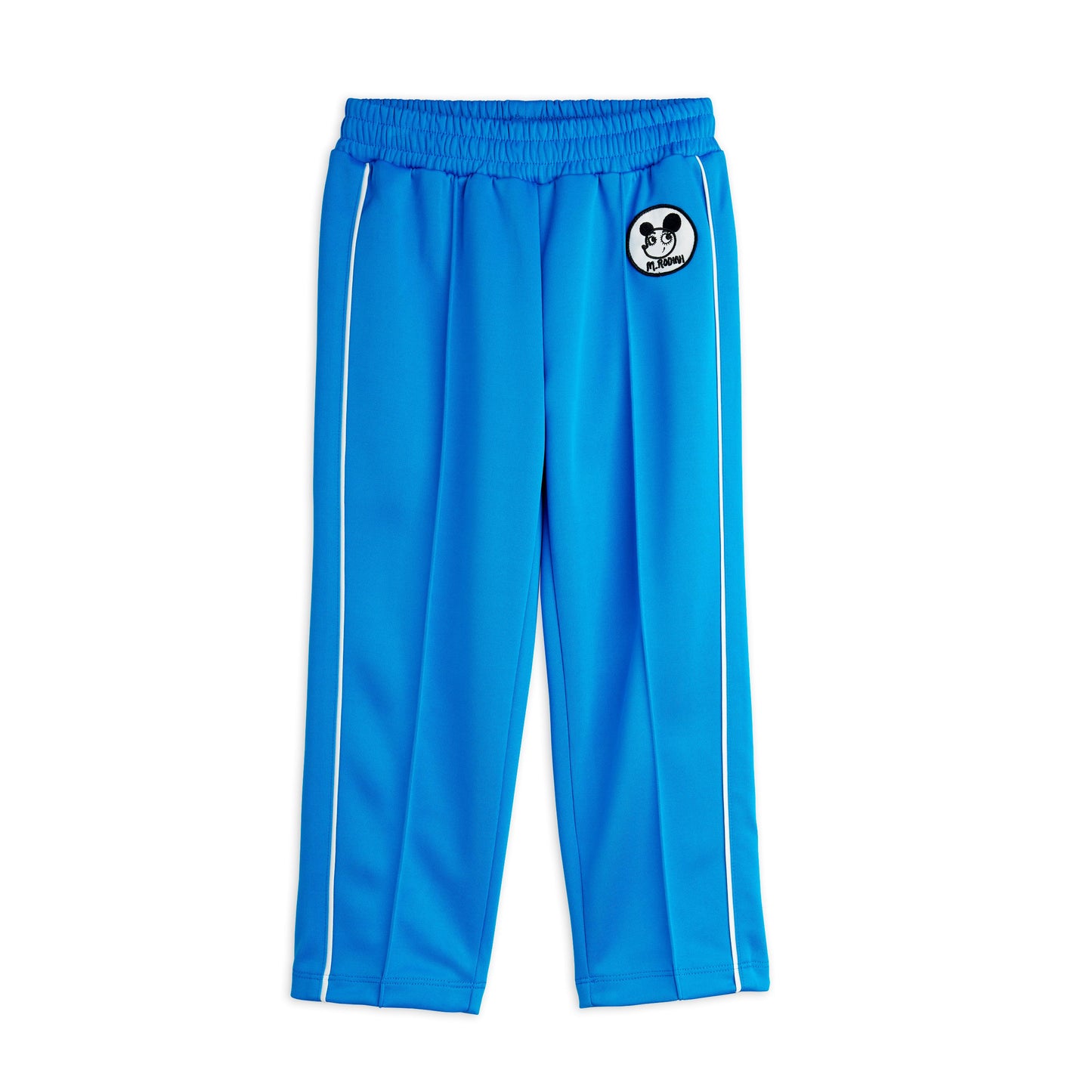 Blue track pants with a logo on a white background