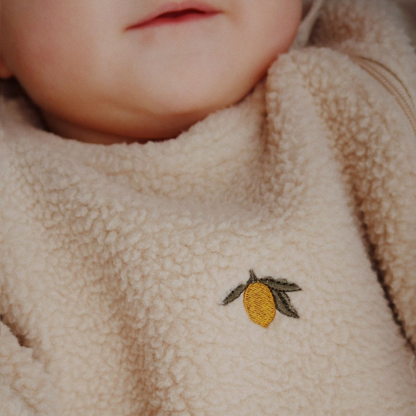 Close-up of a beige fabric with a small embroidered design of a lemon and leaf.