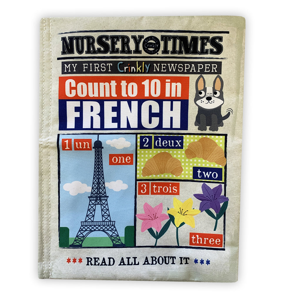 Cover of a Crinkly Cloth Book titled 'Count to 10 in French' showing colorful illustrations and text in both English and French.