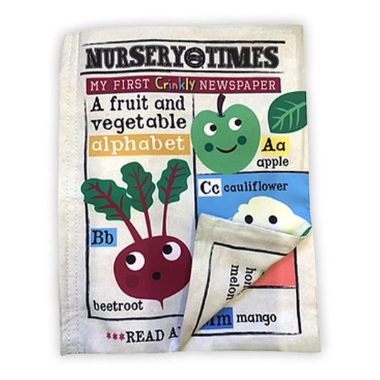 A crinkly cloth book designed for babies, featuring pages with colorful illustrations of fruits and vegetables and labeled with letters of the alphabet.