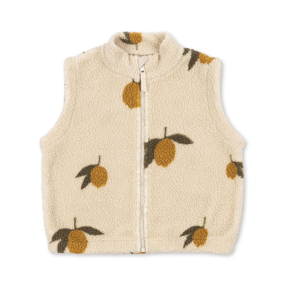 Beige fleece vest with lemon pattern on a white background