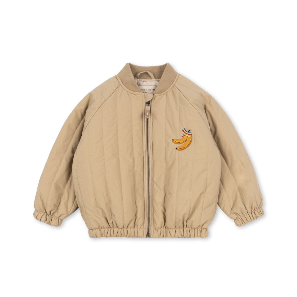 Beige jacket with a small embroidered design on a white background