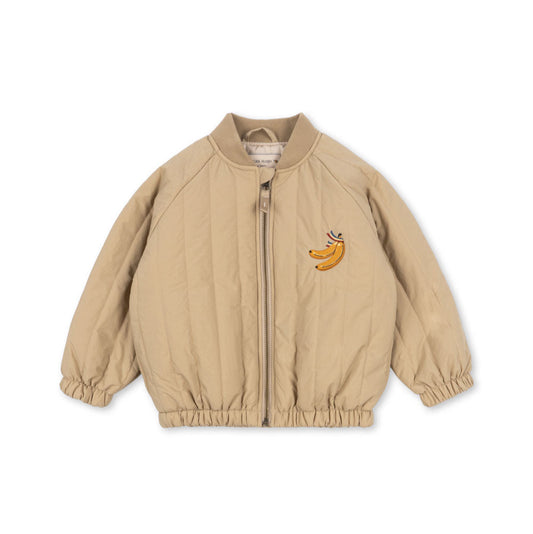 Beige jacket with a small embroidered design on a white background