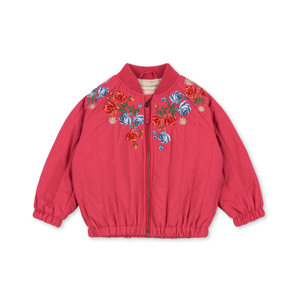 Red jacket with floral embroidery on a white background