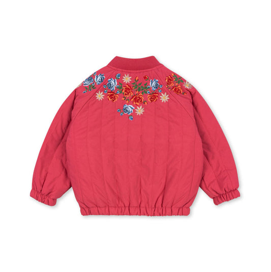 Red jacket with floral embroidery on a white background
