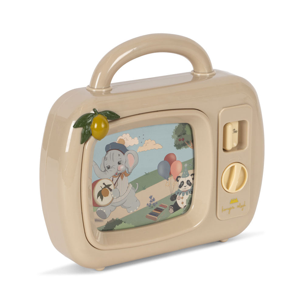 Beige toy suitcase with a cartoon design on a white background