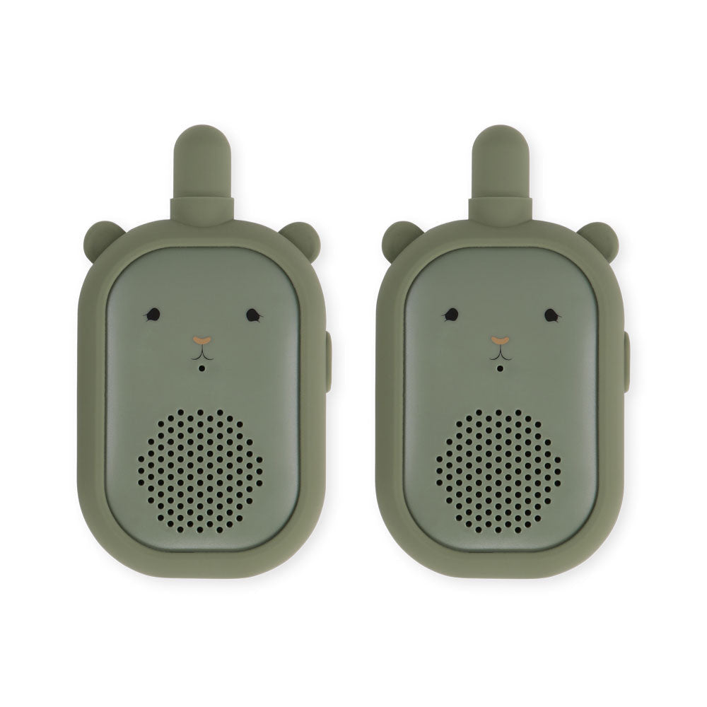 Two green animal-shaped walkie-talkies on a white background