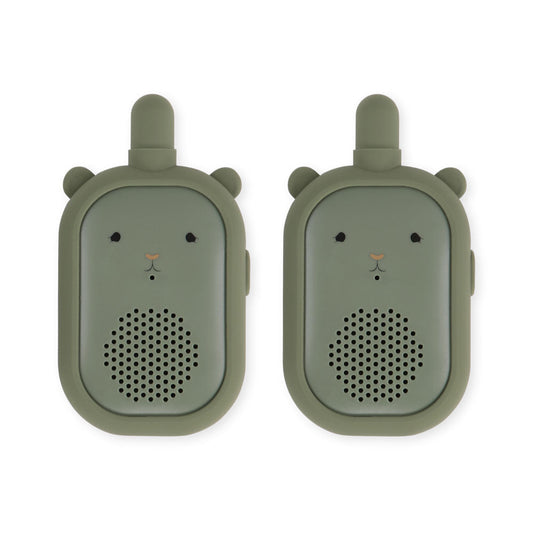Two green animal-shaped walkie-talkies on a white background