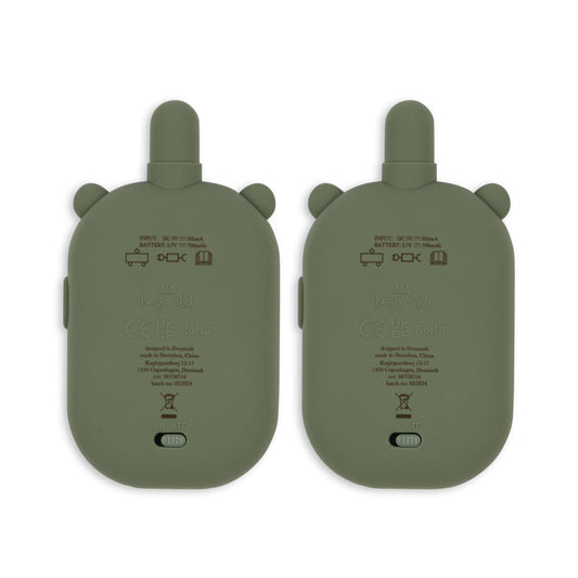 Two green electronic devices with ear-like structures on a white background