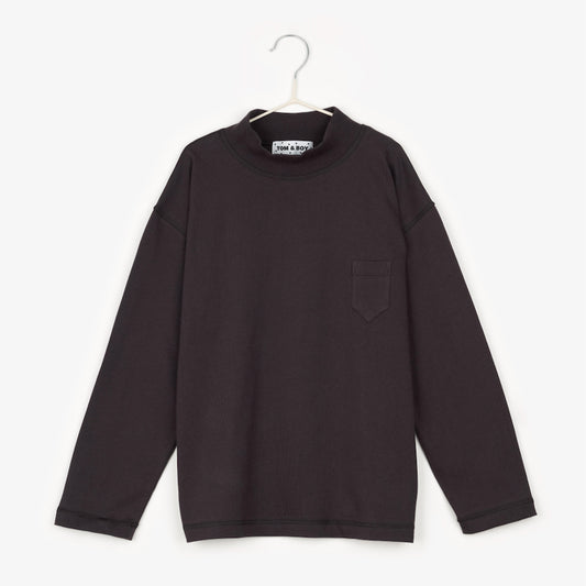 an off black long sleeve t-shirt with a high neck and a small triangular pocket on the right hand side of the shirt, on the chest area