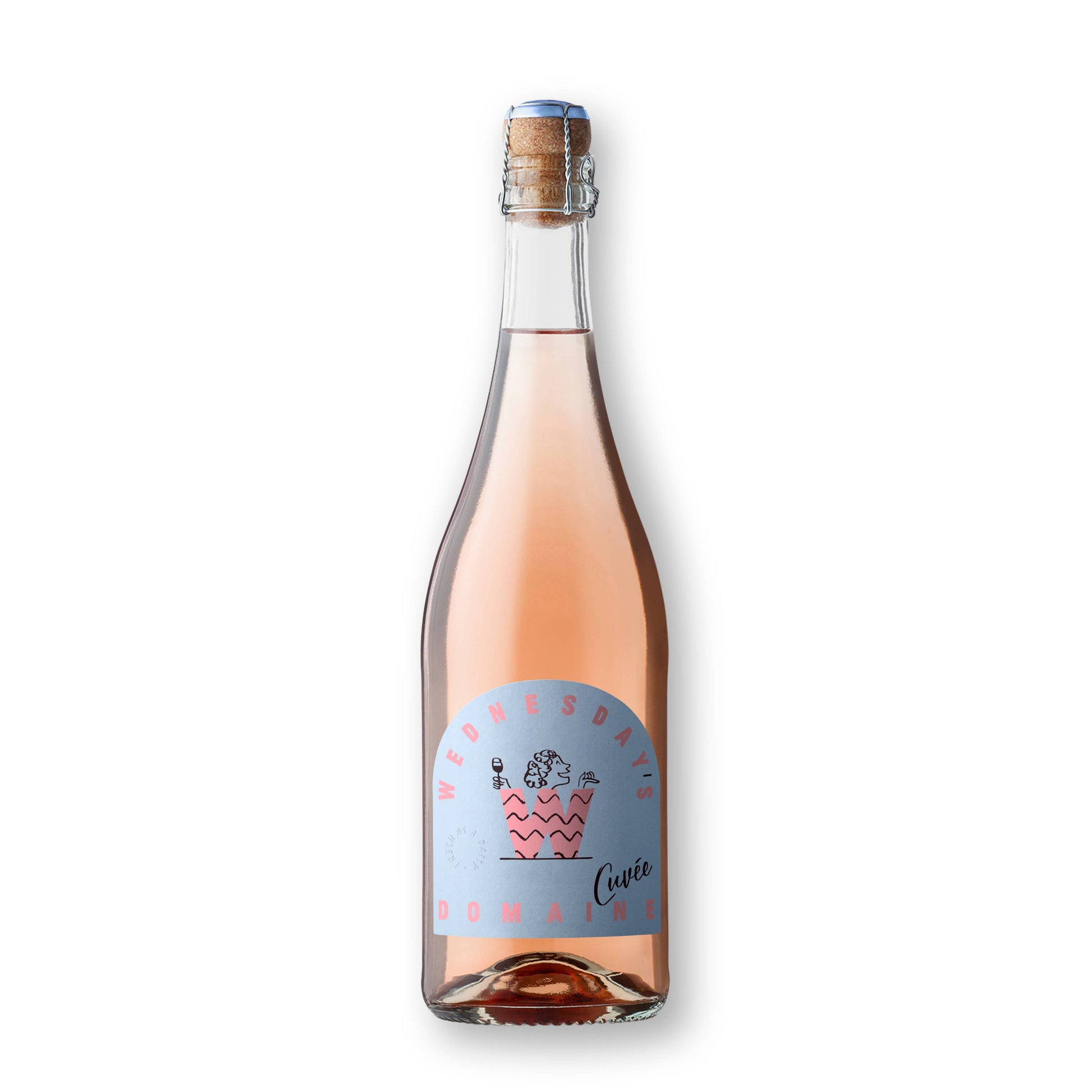 A clear glass bottle with a pale blue label with pink writing