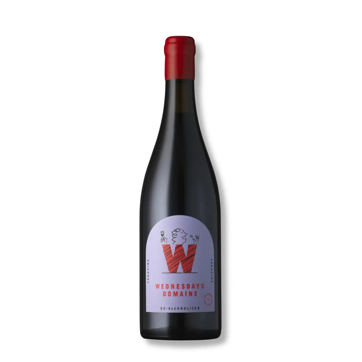 A bottle of red with with a red cap and a purple and red label