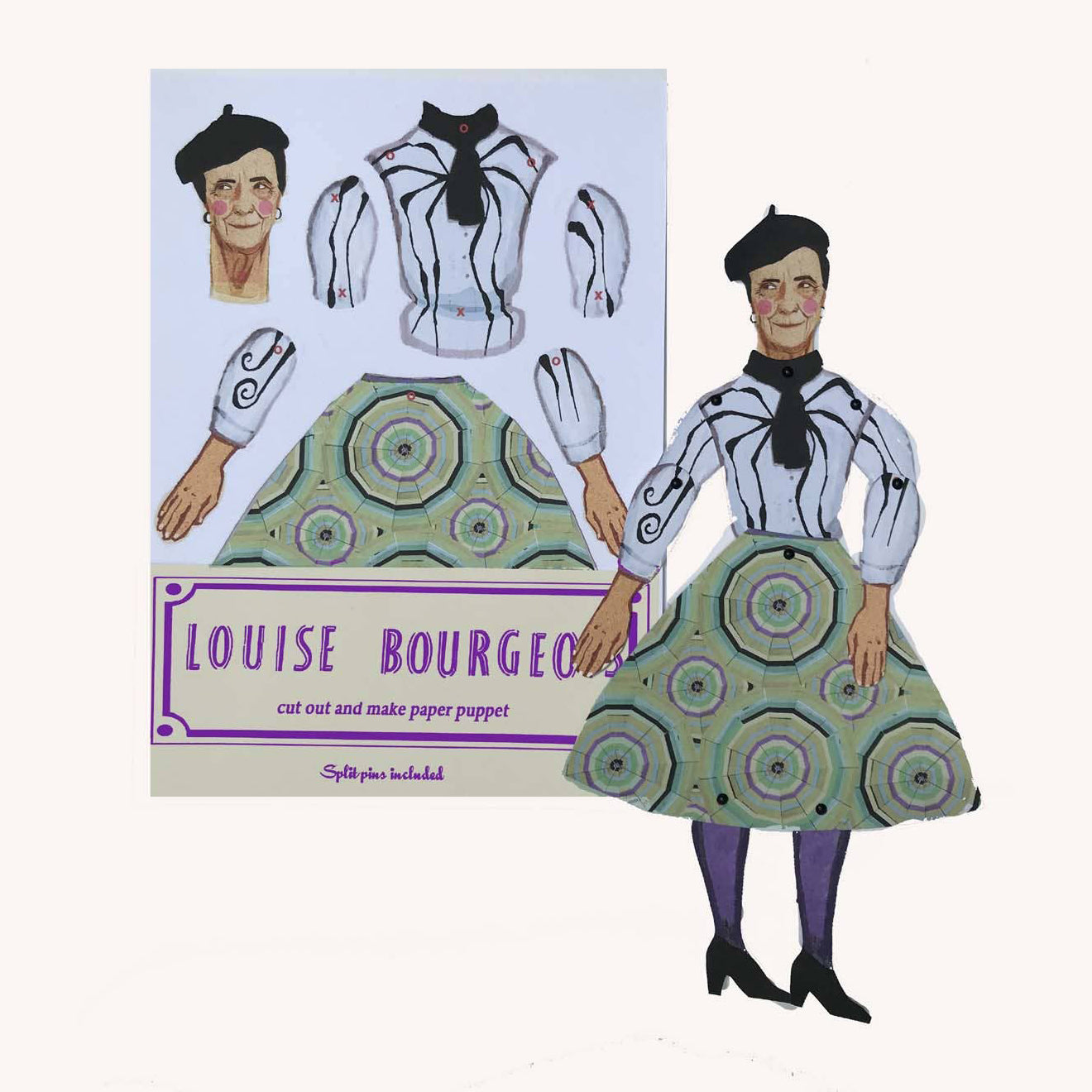 Packaged flat craft kit for a Louise Bourgeois inspired cut-out and make puppet, featuring printed designs for the figure's head, body, and skirt, with small brass brads for articulation.