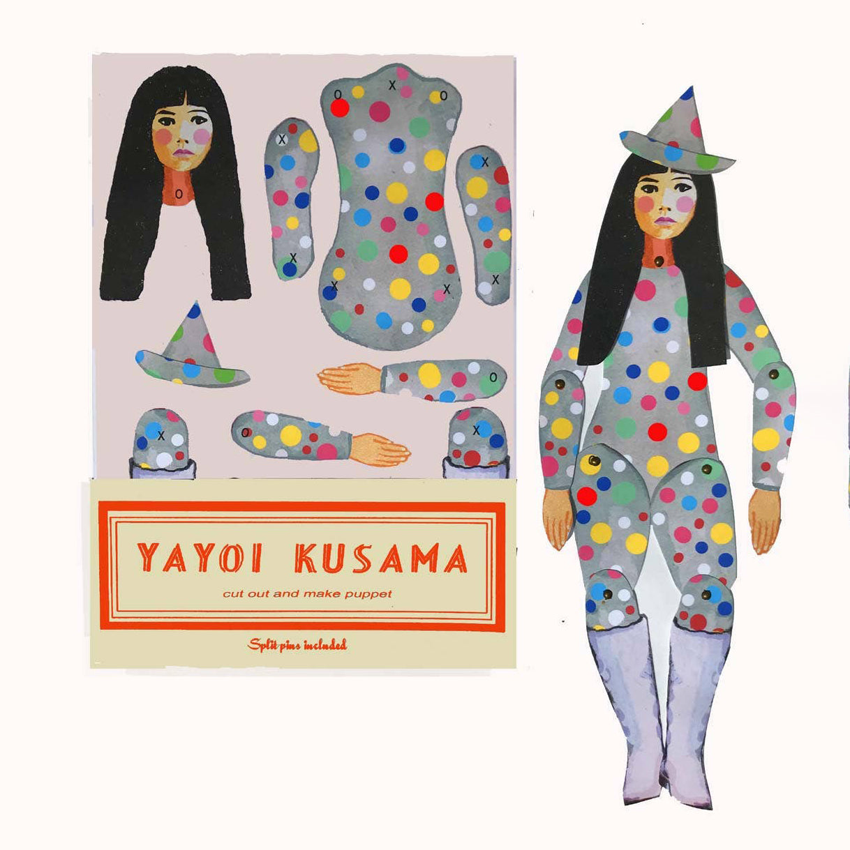 A paper puppet inspired by Yayoi Kusama, with various cut-out parts shown and the puppet assembled, featuring a multicolored dotted pattern.