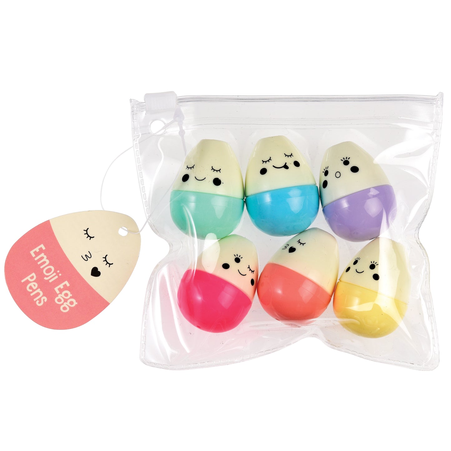 A set of colorful egg-shaped pens with cute emoji designs on them, packaged in a clear plastic bag.