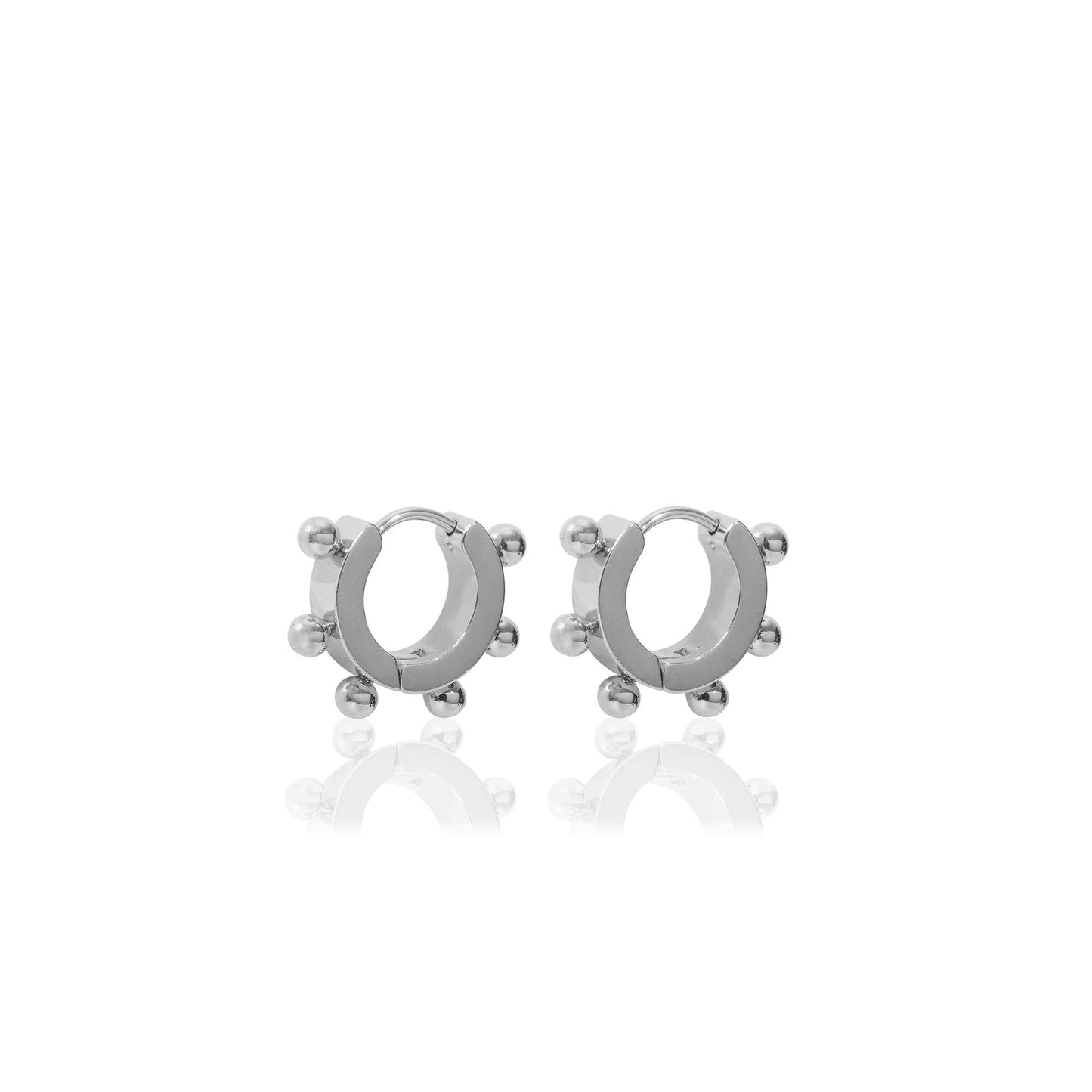 A pair of silver hoop earrings with bubble designs, crafted from oxidising free stainless steel.