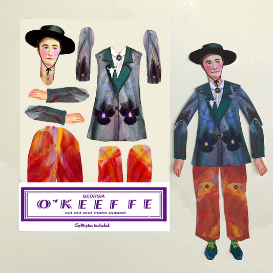 A flat-packed, cut-out puppet kit featuring a figure dressed in artistic attire with abstract patterns, accompanied by detachable accessories such as hats and gloves.