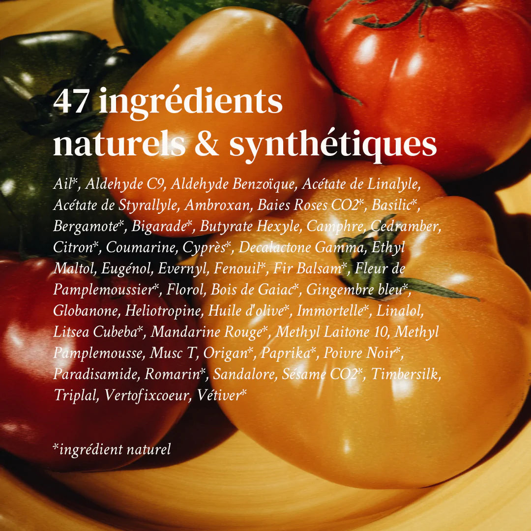 A list of the 47 natural ingredients used to create the perfume, written in French, against the background of an image of red, yellow and green tomatoes in a wooden brown bowl.