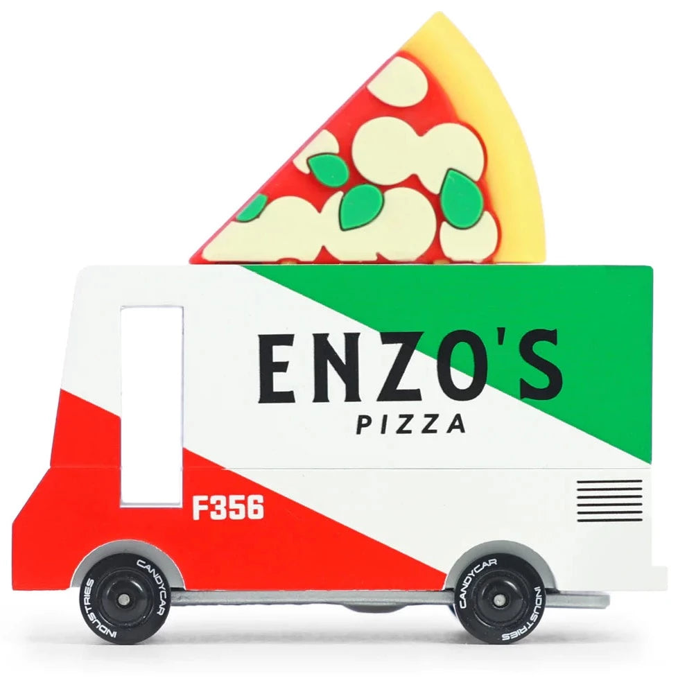 A wooden toy pizza van with 'Enzo's Pizza' written on the side, predominantly red and white with a green stripe, featuring a large pizza slice on the roof.