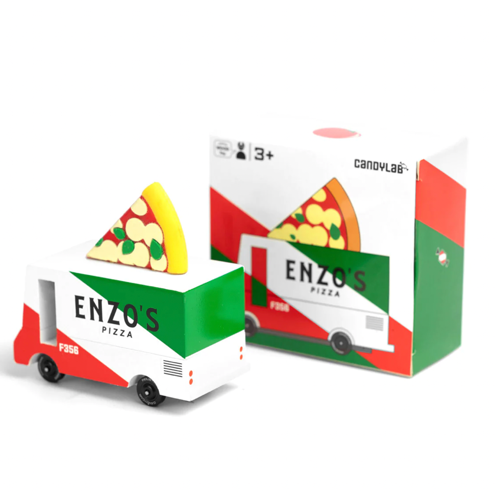 Candylab Pizza Van wooden diecast toy car in red and white with silicone pizza slice topper, photographed beside its striped box.