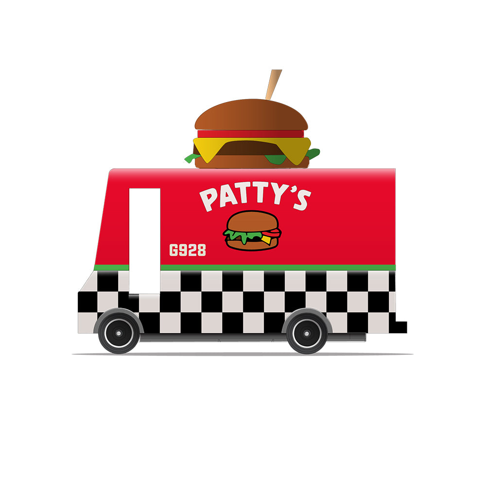 A toy van with a hamburger on top, predominantly red with white checkered pattern on the sides, labeled 'PATTY'S VAN' with ABS plastic wheels.