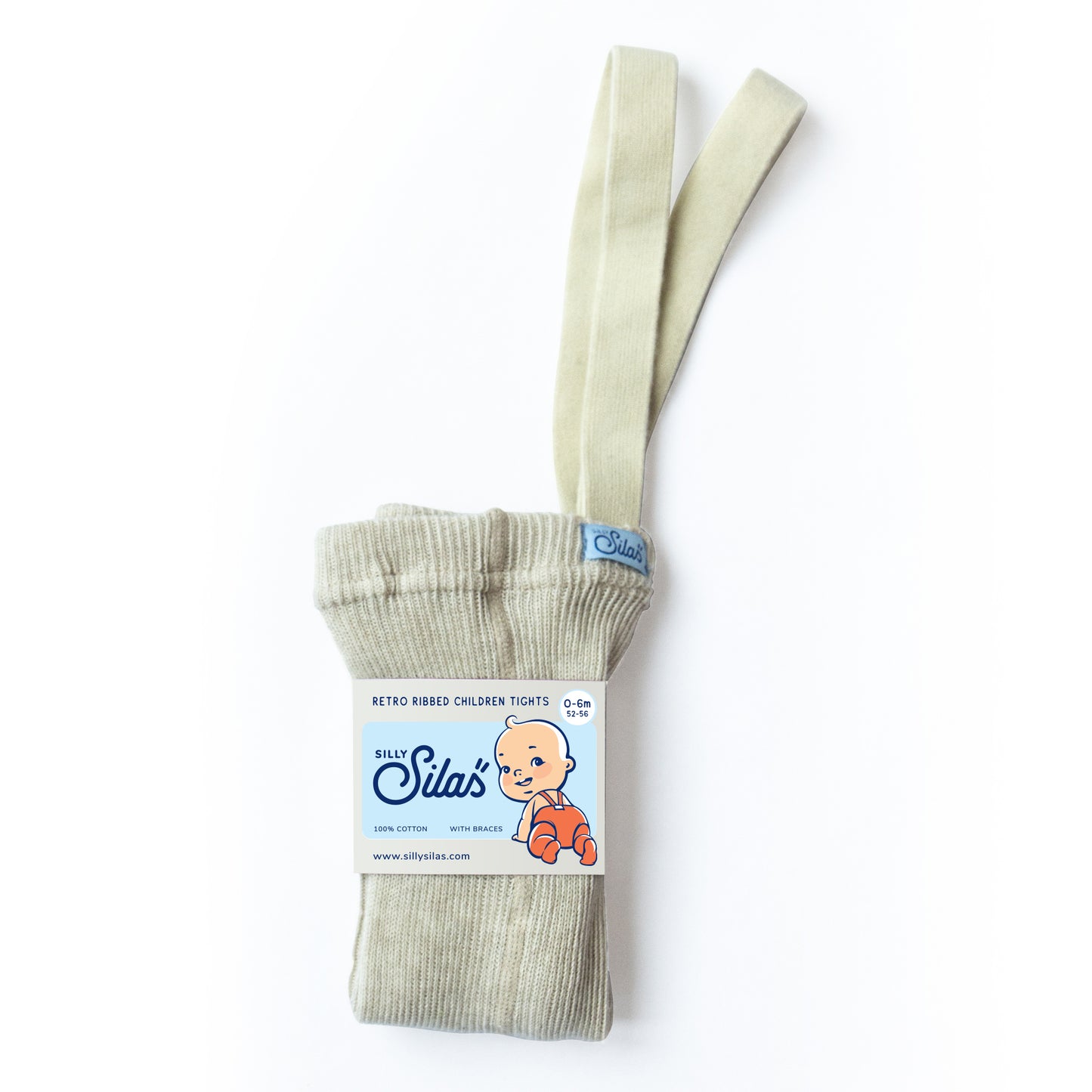 Cream coloured children's tights with braces, has a cardboard label around it with a cartoon child in orange tights and the text Silly Silas written on. it. The product is folded and placed on a white. background.