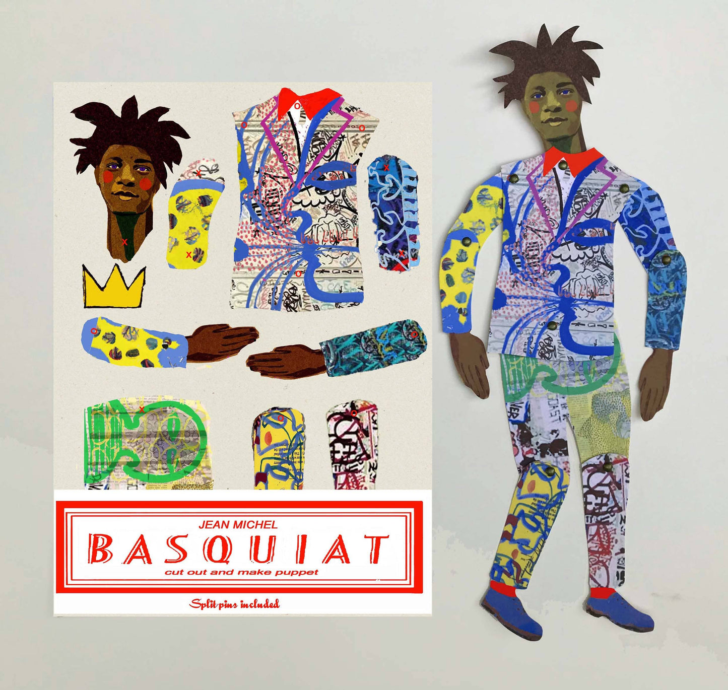 Packaged flat craft kit for creating a puppet inspired by Jean-Michel Basquiat, featuring colorful, graphic designs and including brass brads for articulated joints.