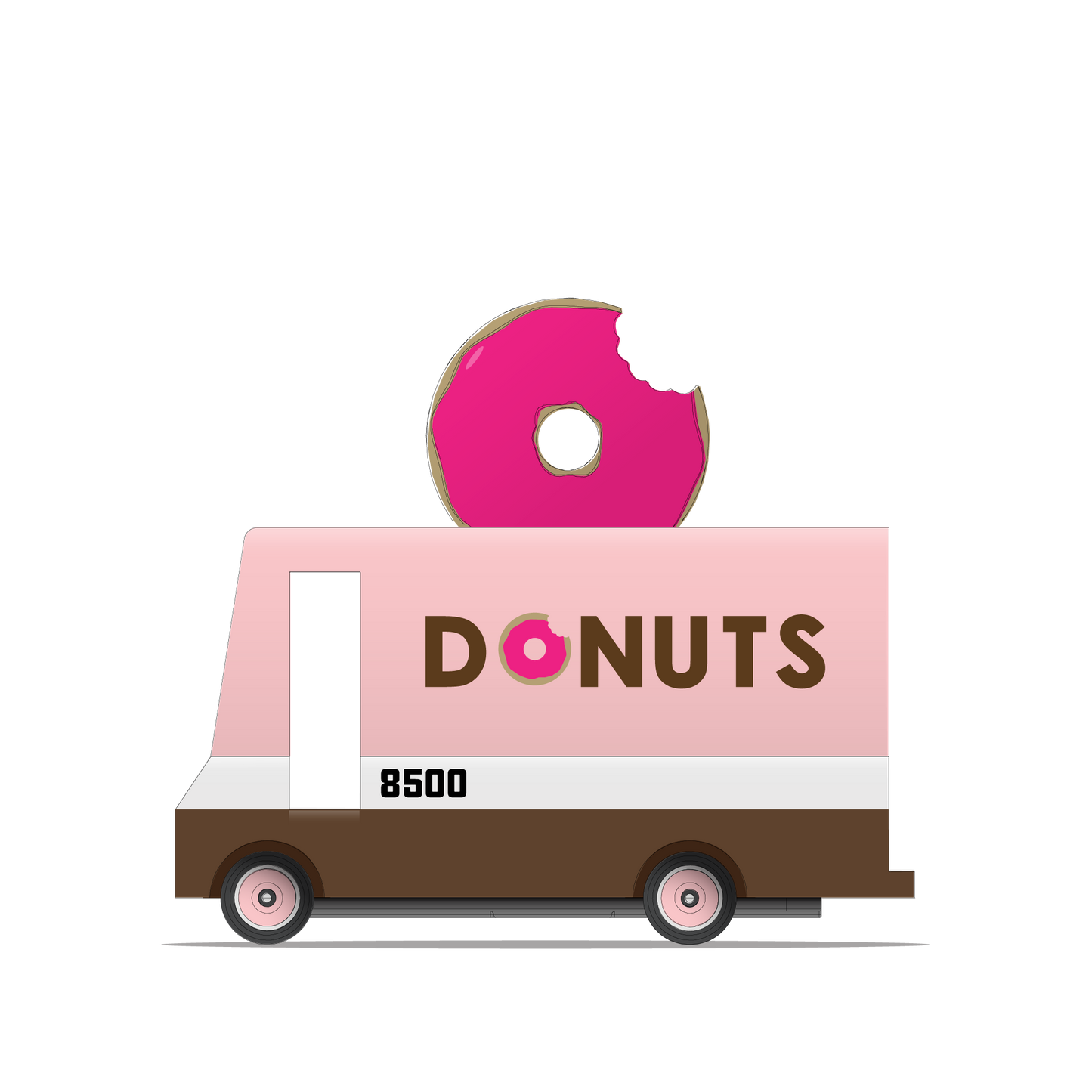 A toy van with a pink donut on top and 'DONUTS' written on its side, against a white background.